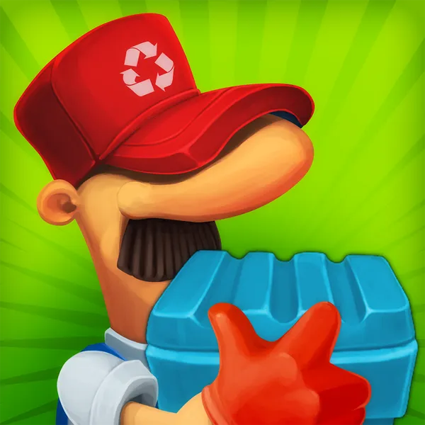 Garbage Hero app icon showing a cartoon recycling worker with a bin