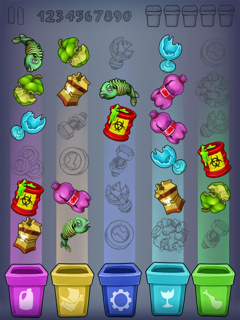 In-game sorting board screenshot showing rows of trash items and five colored recycling bins