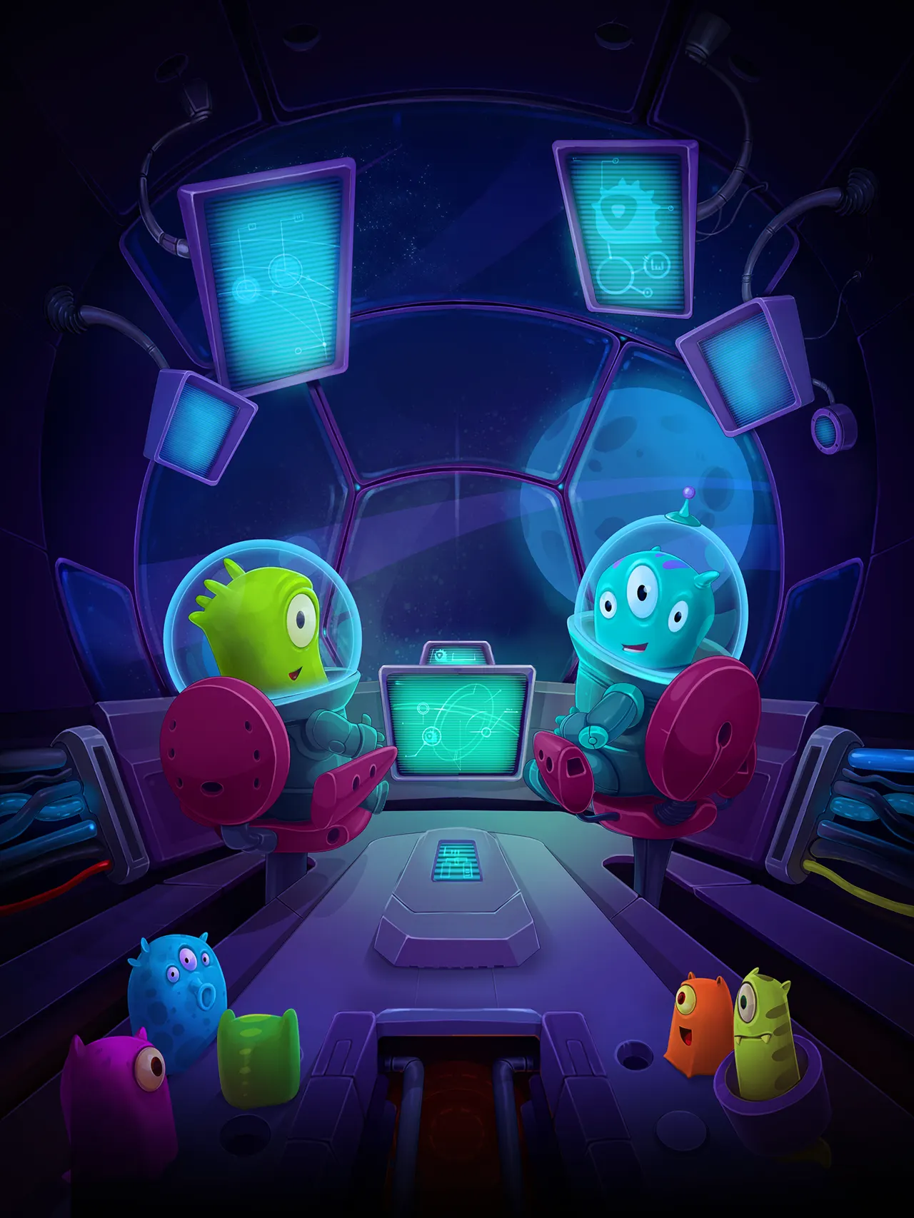 Painted key art of the alien crew sitting in their spaceship cockpit looking out at a moon