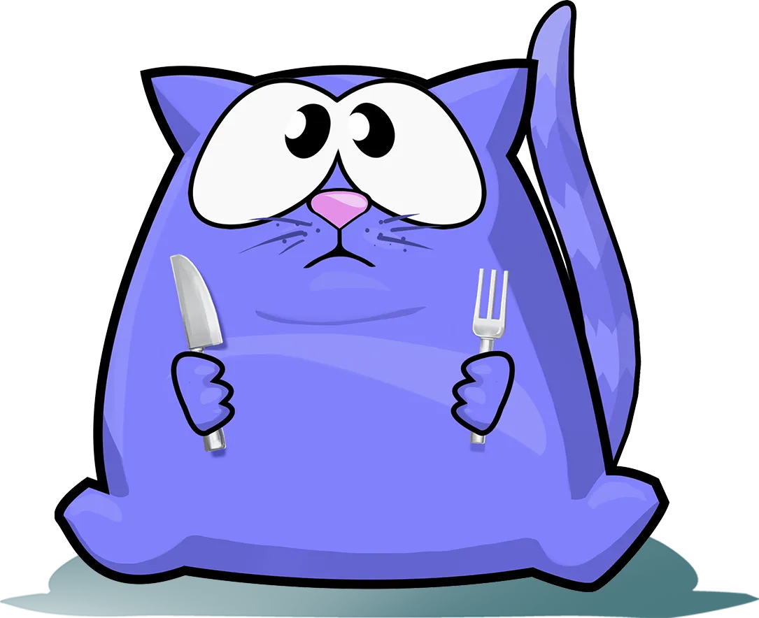 Feed the Cat: hungry cat character with knife and fork