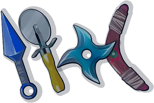 Feed the Cat: shop weapon icons lineup (kunai, pizza cutter, shuriken, boomerang)