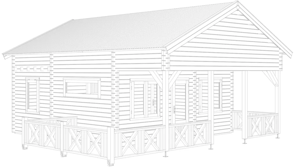 Wireframe line-art render of a configured log-cabin house used as an export watermark
