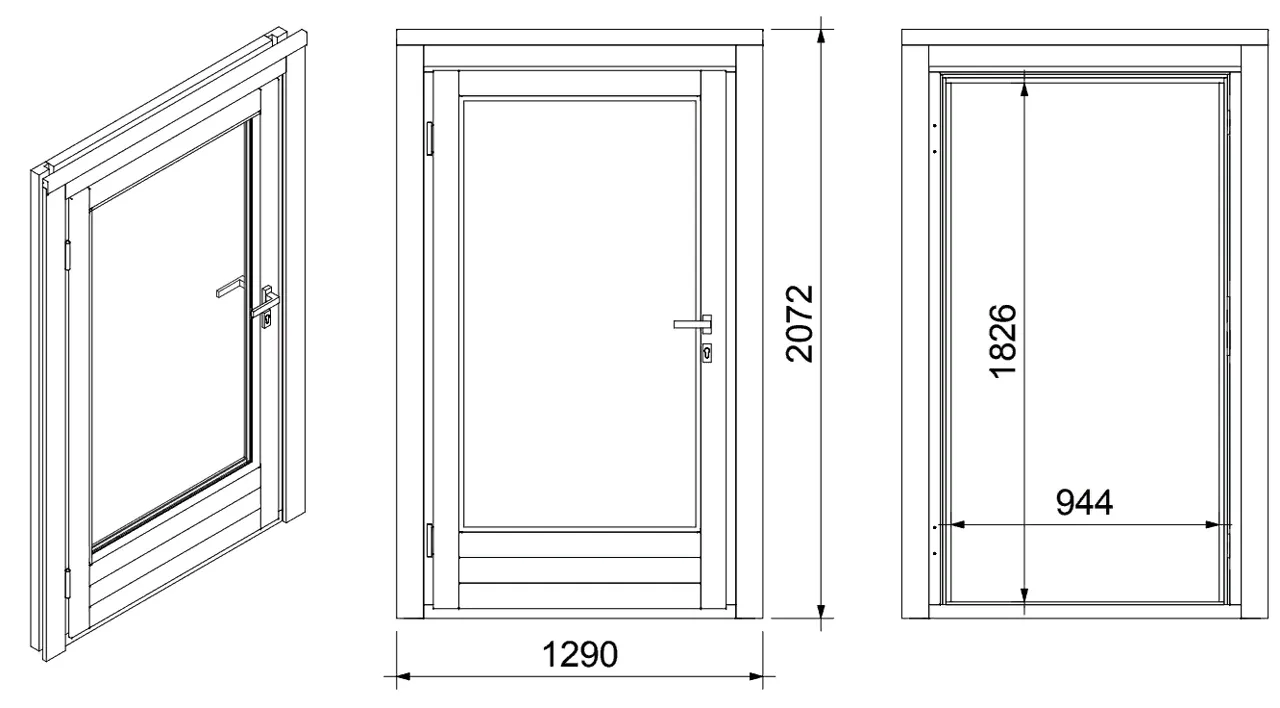 Item detail popup showing an isometric view plus front and side elevations with millimeter dimensions for a door
