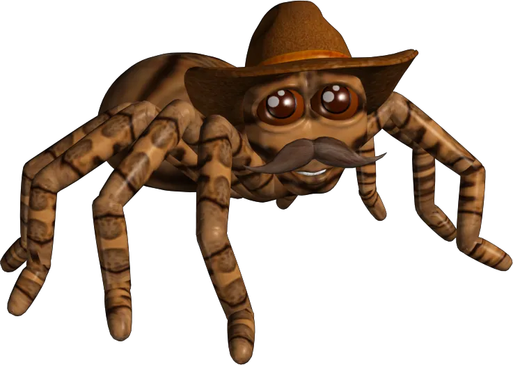 3D spider character render wearing a cowboy hat and mustache
