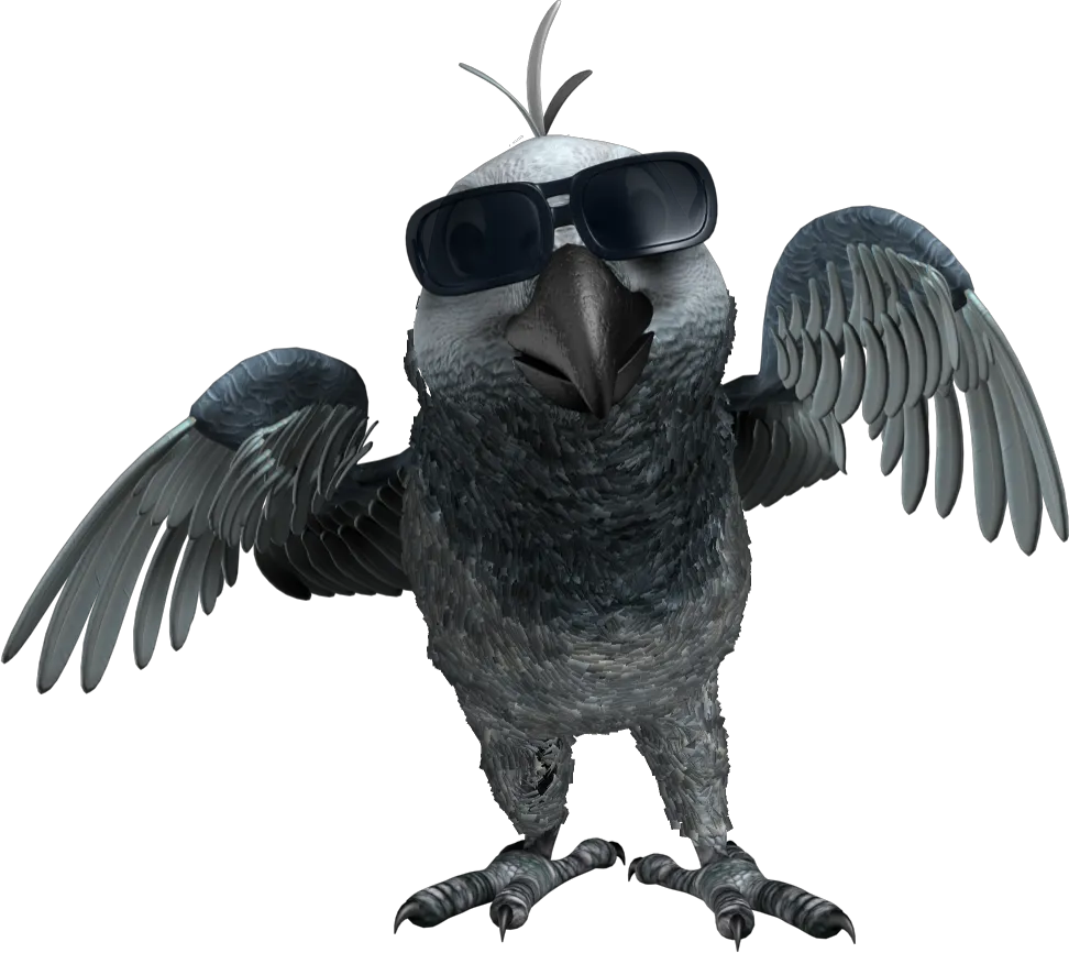 Tuki the parrot 3D character render wearing round glasses