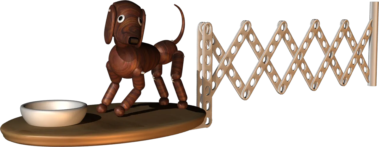 3D render of a wooden toy dog beside a folding gate prop