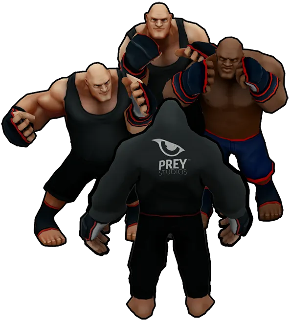 MMA Manager Campaign mode art showing a lineup of three fighters behind a Prey Studios hoodie