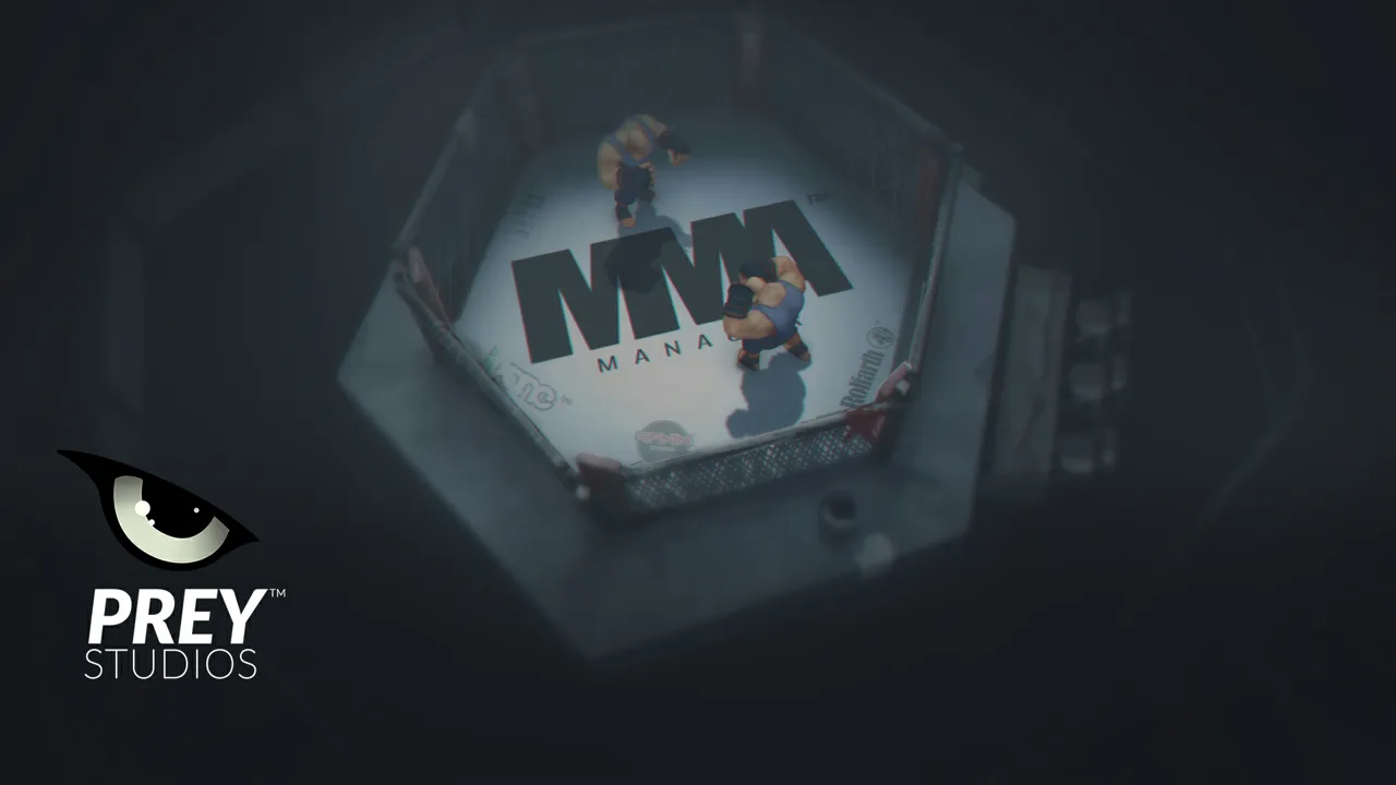 MMA Manager splash screen with the game logo over a top-down octagon fight and the Prey Studios eye logo