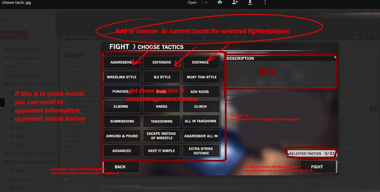 MMA-Manager annotated choose-tactics screen for fight strategy