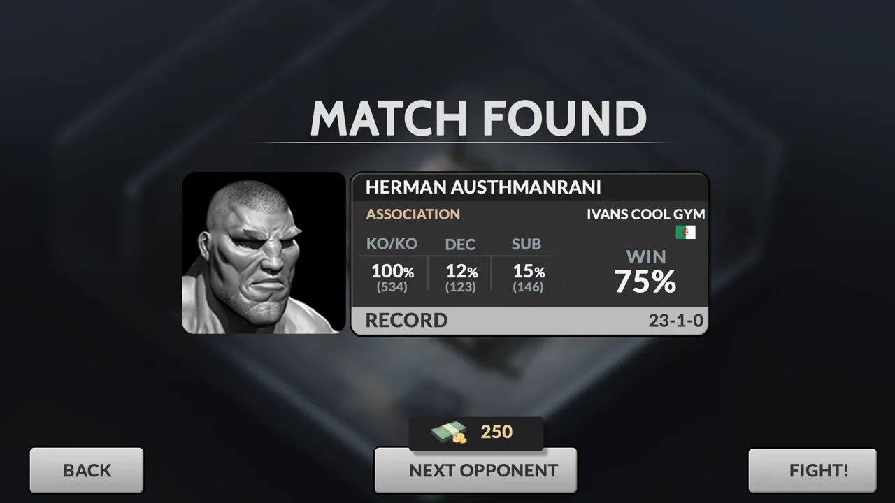 MMA-Manager matchmaking screen showing opponent stats and win probability