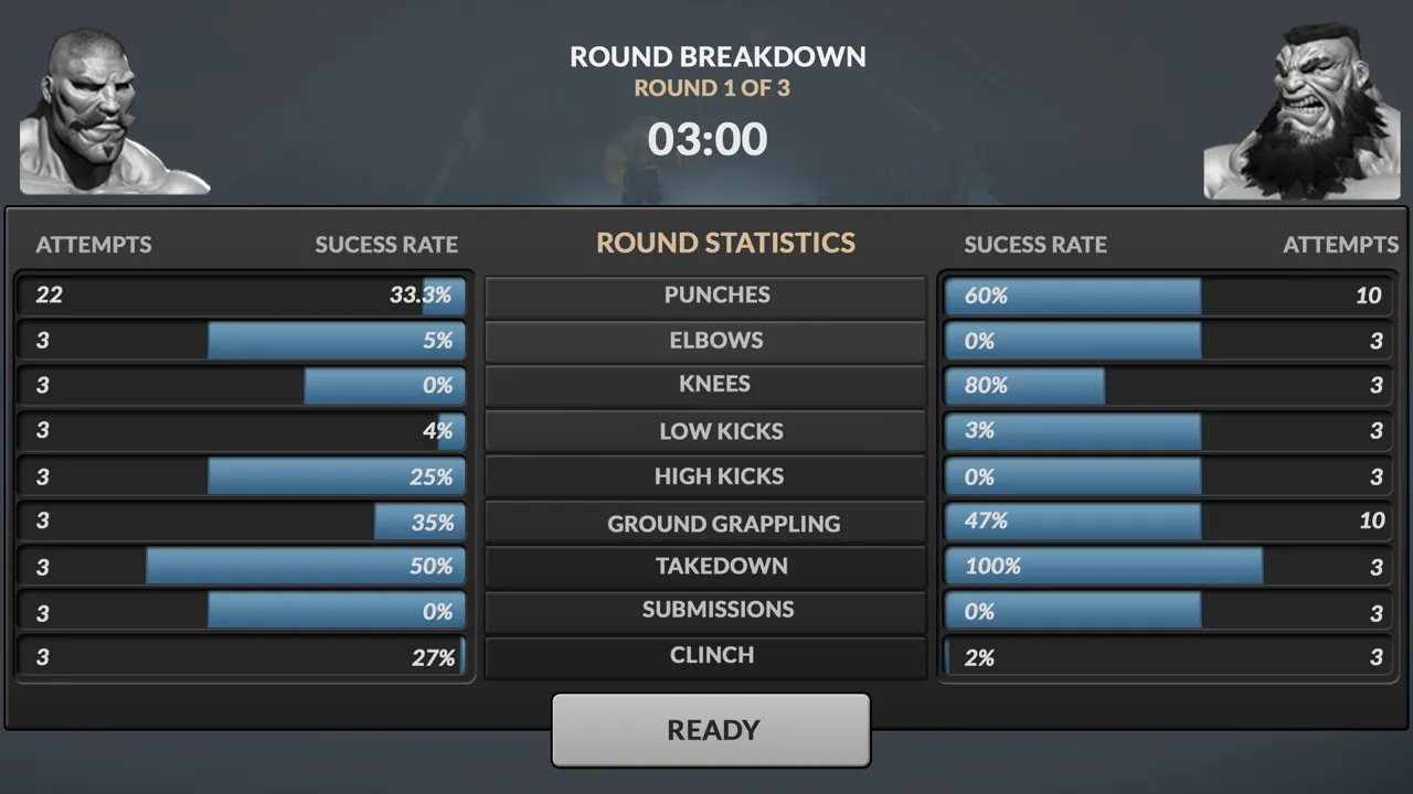 MMA-Manager round breakdown statistics screen comparing two fighters