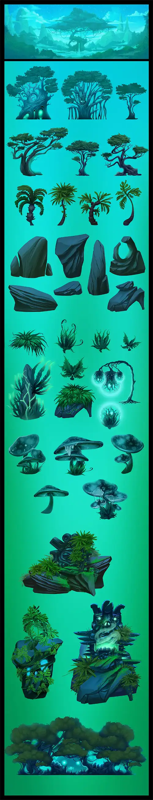 Sheet of stage environment art elements: trees, rocks, plants, mushrooms and totems