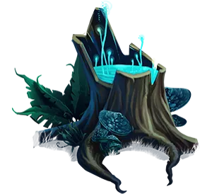 Painted illustration of a mossy tree stump with glowing cyan magical water pooled at its center