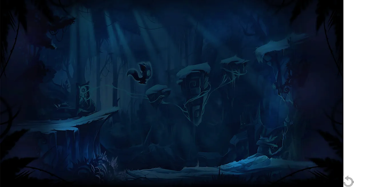 Raccoo main menu background art with the character on a moonlit forest branch