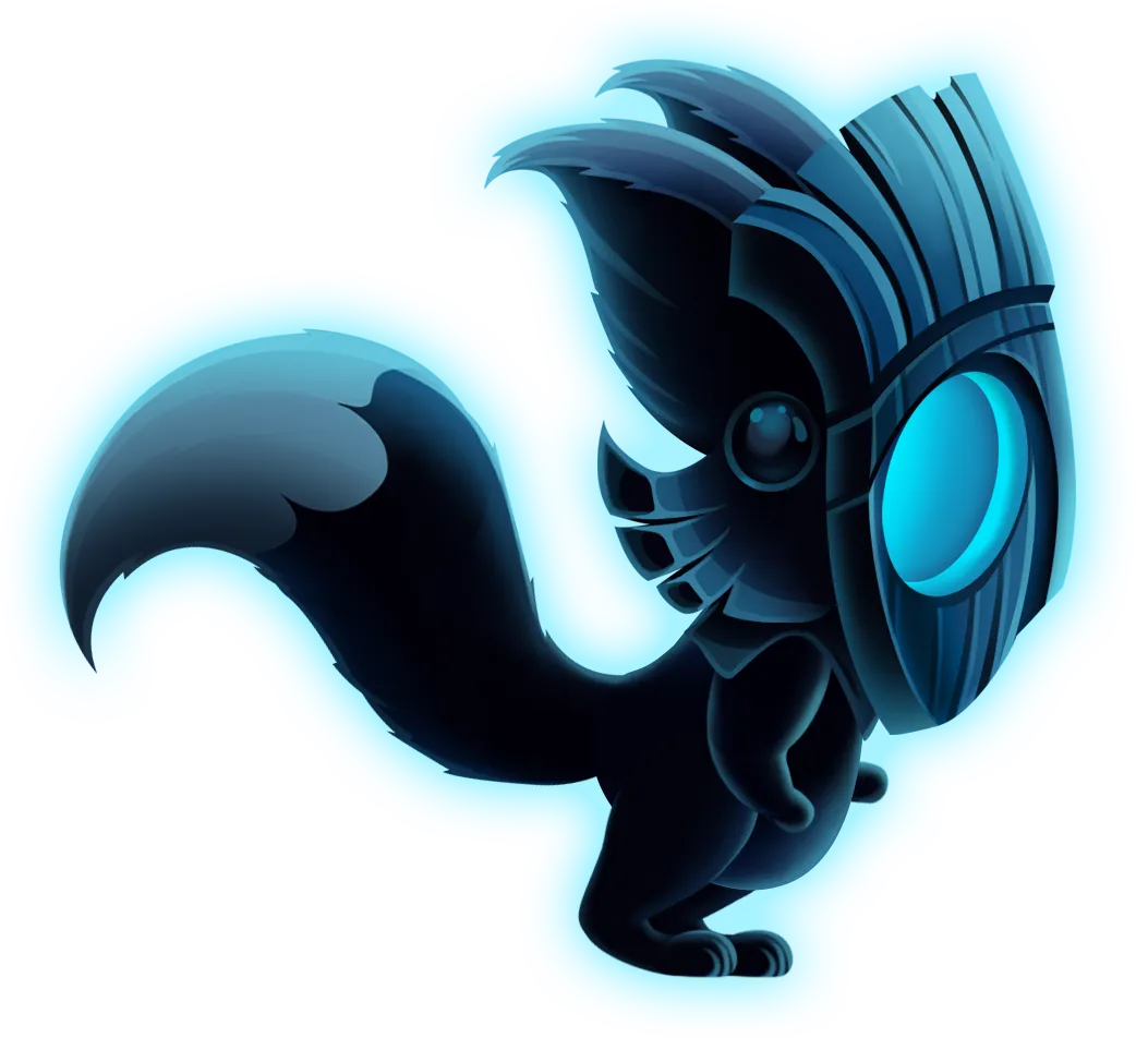 Raccoo character rendered as a glowing blue spirit silhouette wearing a carved totem mask