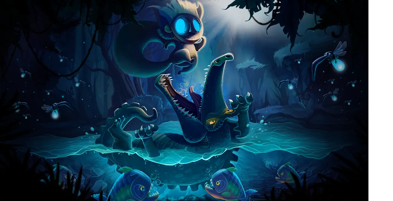 Raccoo splash screen illustration facing an alligator-like swamp creature