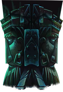 Close-up painted illustration of a carved stone totem mask, teal and dark green