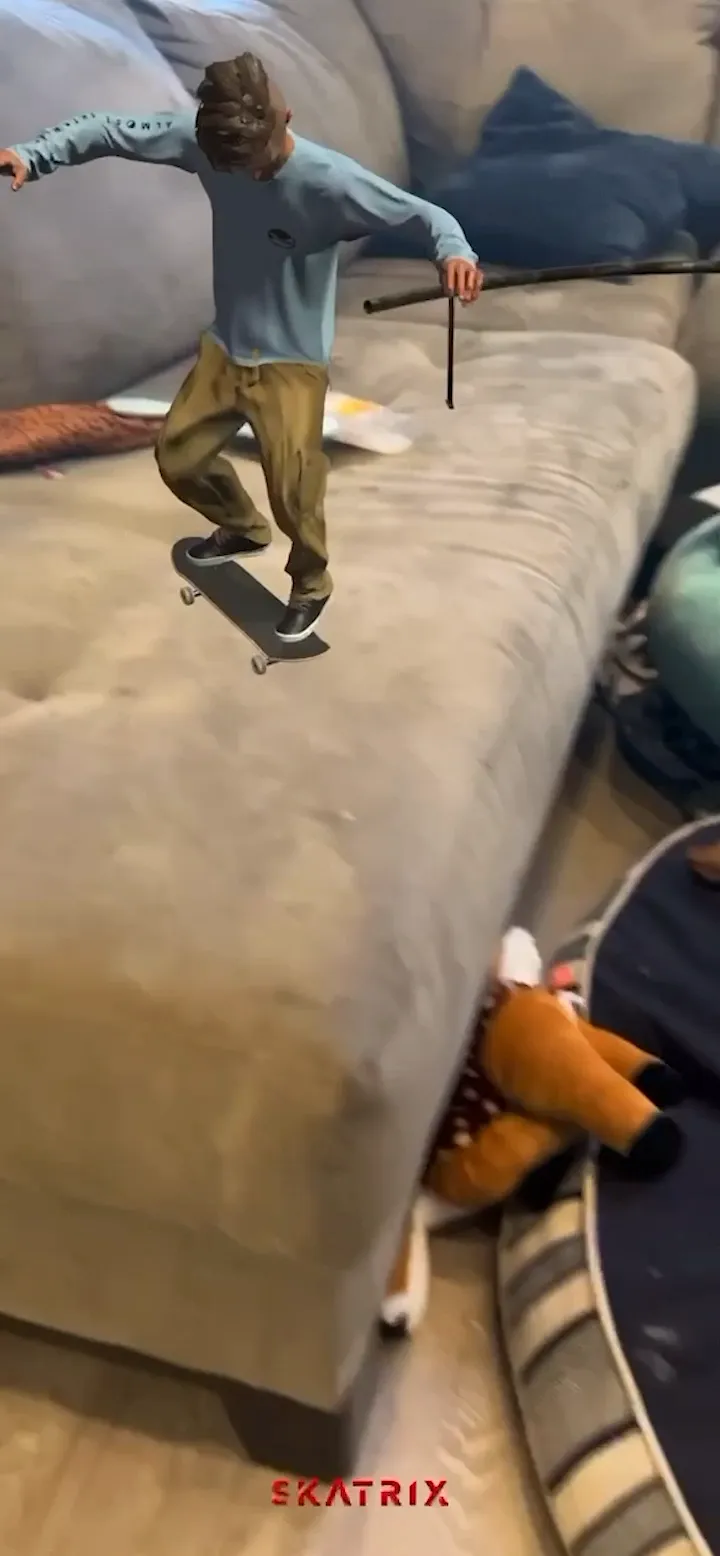 AR skater performing a trick off a living room couch, rendered in real space