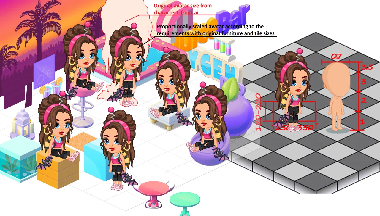 RoomScape production reference sheet showing the avatar scaled against bar furniture and floor tiles