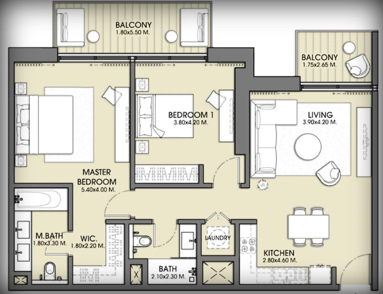 Dimensioned floor plan for a 2-bedroom unit layout