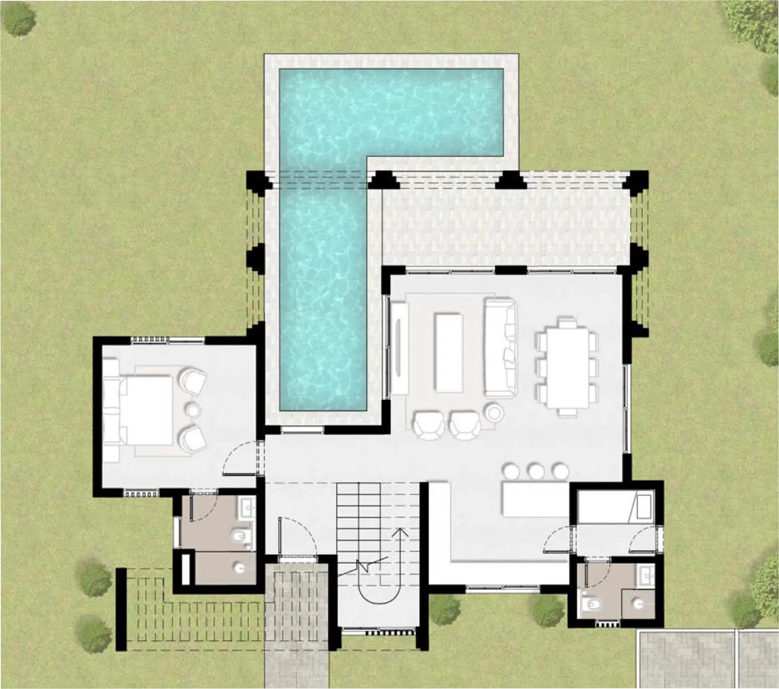 Rendered ground-floor plan showing the L-shaped pool