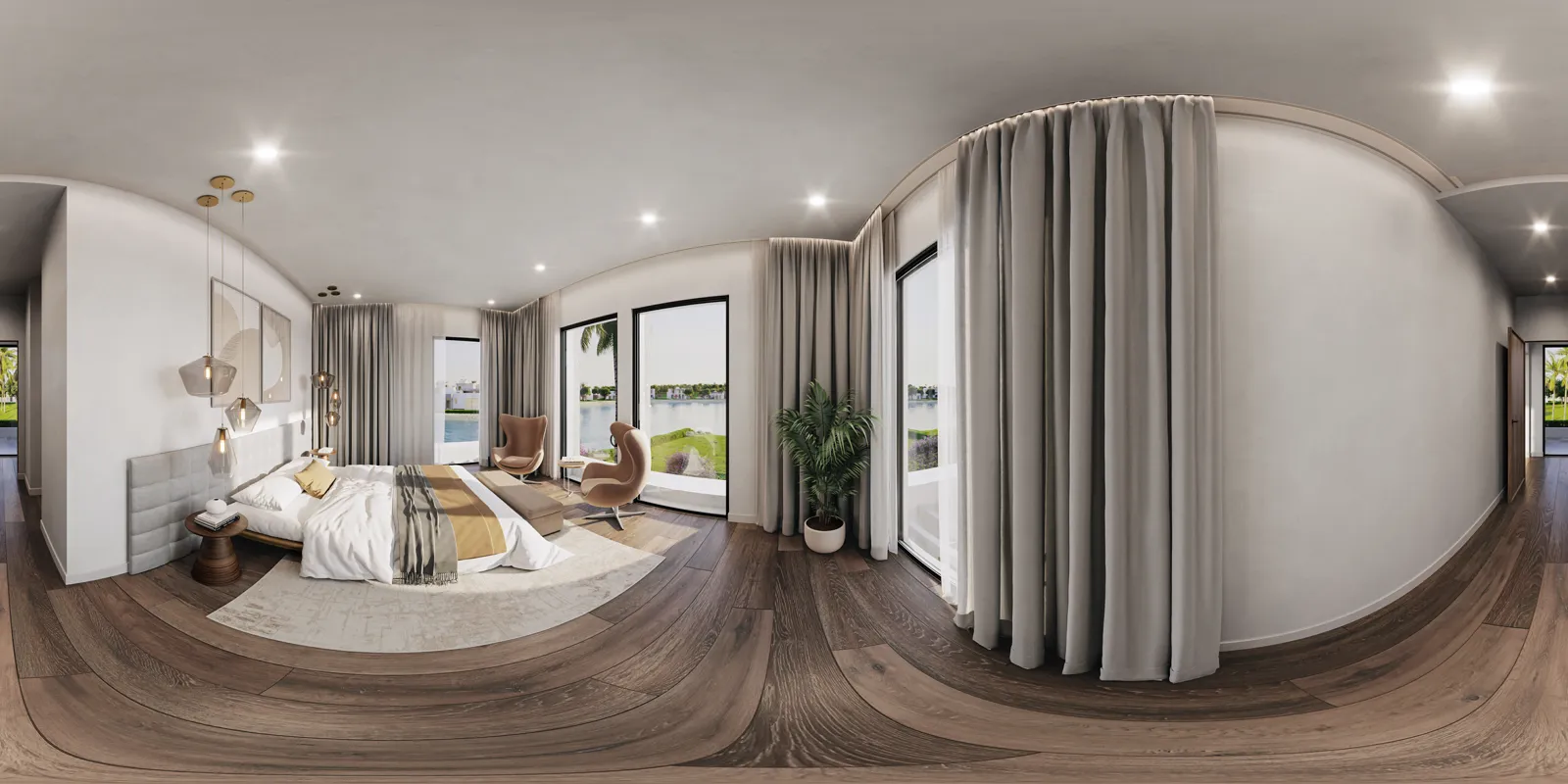 Waterfront master bedroom with lounge chairs
