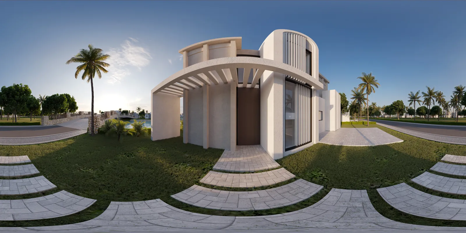 Villa entrance facade with palm-lined approach
